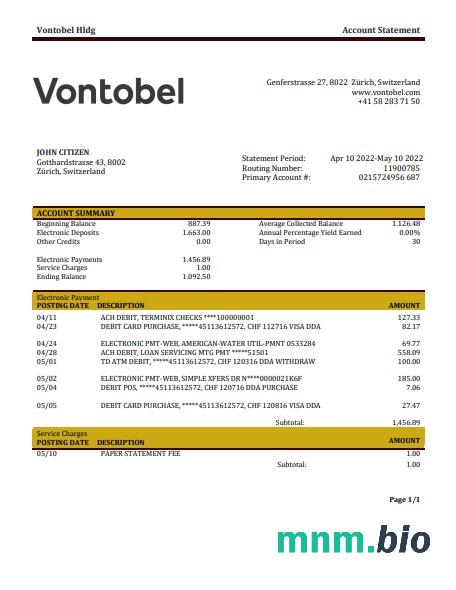 Wyciąg bankowy Szwajcaria Vontobel, szablon Excel i PDF